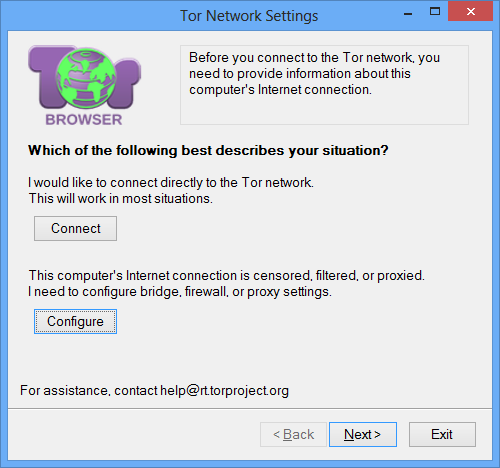 Tor Network Settings “Which of the following best describes your situation?” screen with the “Configure” button highlighted.