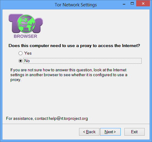 Tor Network Settings “Does this computer need to use a proxy to access the Internet?” screen with “No” selected.