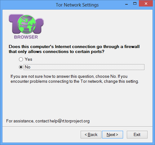 Tor Network Settings “Does this computer's Internet connection go through a firewall that only allows connections to certain ports?” screen with “No” selected.