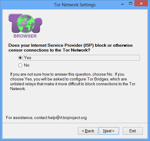 Tor Network Settings “Does your Internet Service Provider (ISP) block or otherwise censor connections to the Tor Network?” screen with “Yes” selected.