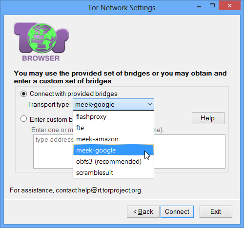 Tor Network Settings “You may use the provided set of bridges or you may obtain and enter a custom set of bridges.” screen with “meek-google” selected.